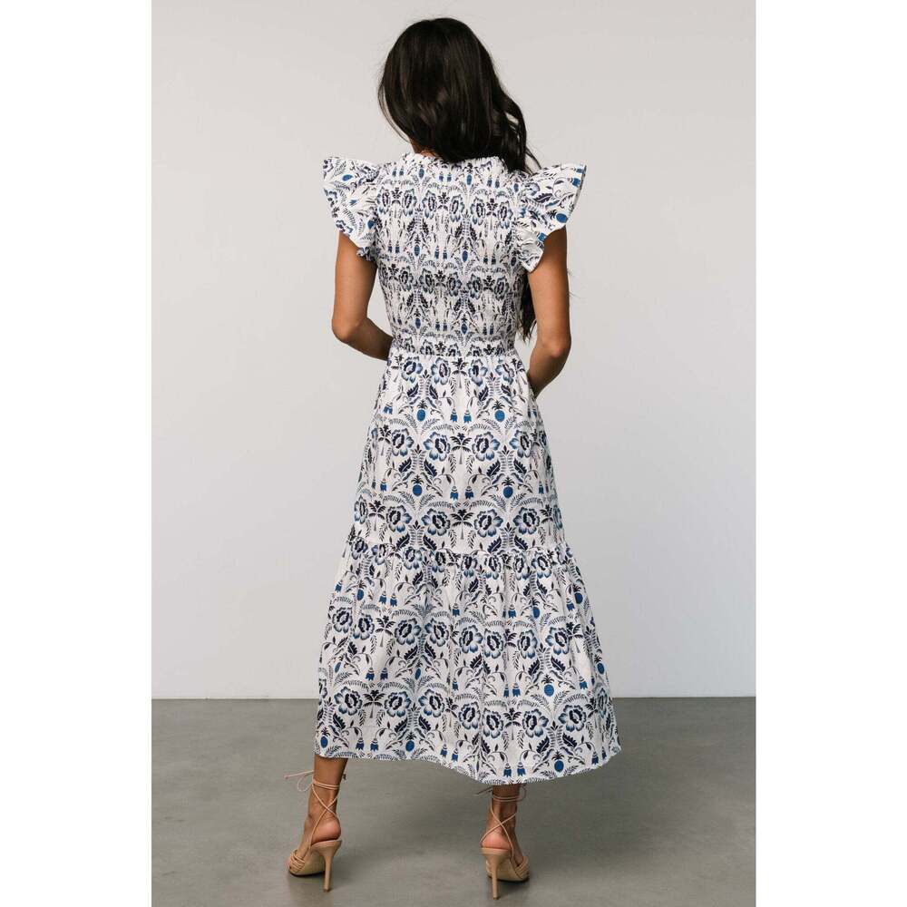 Baltic Born Rhodes Smocked Dress | White + Blue Print Size XL - Picture 4 of 5